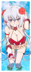  absurdres ahoge arm_behind_head bent_over blush breasts cleavage commentary_request female flower grin hair_flower hair_ornament hal-bard highres large_breasts long_hair looking_at_viewer ocean outdoors purple_eyes senki_zesshou_symphogear senki_zesshou_symphogear_xd_unlimited shiny_skin sky smile solo standing swimsuit teeth twintails white_hair yukine_chris 