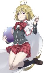  :&lt; antenna_hair black_socks blonde_hair bow brown_footwear cape commentary_request female full_body hair_between_eyes hal-bard highres kneehighs loafers long_hair looking_at_viewer plaid plaid_bow plaid_skirt purple_eyes red_bow red_skirt school_uniform shoes simple_background skirt socks solo trinity_seven very_long_hair white_background yamana_mira 