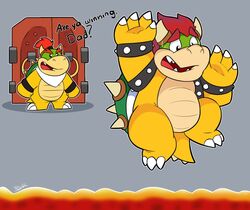  2020 anthro are_ya_winning_son? belly biped bodily_fluids bowser bowser_day bowser_jr. duo english_text koopa lava male mario_bros meme nintendo overweight overweight_male scalie sweat text thepandobo 