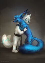  2019 2_tails ambiguous_gender anthro blue_body blue_eyes blue_fur canid canine duo etis featureless_crotch feral fox fur happy hi_res hug kitsunal_(character) looking_at_viewer male mammal markings multi_tail nude open_mouth sash saterina simple_background smile standing tail white_body white_fur wristband 