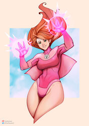  aqua_eyes arms_up atom_eve breasts covered_navel cowboy_shot cropped_legs female floating_hair highres invincible_(series) leotard long_hair medium_breasts orange_hair parted_lips patreon_logo patreon_username pink_leotard shadow smile solo superhero_costume the_petra_art twitter_logo twitter_username 