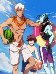  3boys abs ball bandana bare_shoulders blue_shorts blue_skin blue_sky brown_hair closed_eyes cloud collarbone colored_skin dark_skin day food fruit handkerchief holding holding_ball holding_food holding_swim_ring housui_(g3hopes) innertube jammers kekkai_sensen leonardo_watch male_focus male_swimwear multiple_boys navel open_mouth orange_bandana purple_shorts short_hair shorts sky smile standing swim_ring swim_trunks teeth topless_male water watermelon white_hair white_shorts zap_renfro zed_o&#039;_brien 