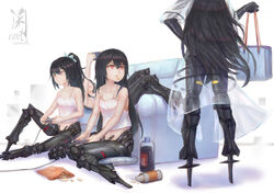  4girls absurdres black_hair breasts chips_(food) commentary_request controller couch cushion drink food food_in_mouth girls&#039;_frontline hair_ornament handheld_game_console highres isomer_(girls&#039;_frontline) isomer_hivemind_(girls&#039;_frontline) jacket long_hair looking_at_another mechanical_legs multiple_girls nyto_(girls&#039;_frontline) paradeus photoshop_(medium) ponytail red_eyes see-through see-through_jacket sitting small_breasts snack tank_top wariza zerowill 