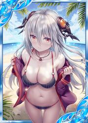  akkijin amber_(gemstone) bare_shoulders beach bikini black_bikini breasts calamity_(shinkai_no_valkyrie) card_(medium) female gem hair_ornament holding holding_clothes holding_jacket jacket jewelry large_breasts long_hair looking_at_viewer necklace ocean official_art orange_eyes outdoors palm_tree purple_jacket shinkai_no_valkyrie shy side-tie_bikini_bottom striped_bikini striped_clothes swimsuit tree white_hair 