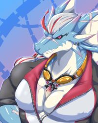  4:5 anthro black_sclera dragon hair hydoor lifewonders live_a_hero male muscular muscular_anthro muscular_male mythological_creature mythological_scalie mythology pecs red_eyes ryuukikeito scalie smile solo white_hair 