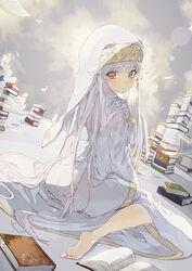  barefoot blush book book_stack closed_mouth dress dutch_angle feet female full_body green_eyes habit highres index_(toaru_majutsu_no_index) long_hair looking_at_viewer looking_back mont_blanca nun open_book sitting soles solo toaru_majutsu_no_index toes veil very_long_hair wariza white_dress white_hair white_headwear 