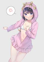  168_azusa :t absurdres anger_vein black_hair blush breasts bunny_grey_(toaru) cleavage collarbone commentary_request cowboy_shot female highres hood hooded_jacket jacket karasuma_fran long_sleeves looking_at_viewer navel open_clothes open_jacket pink_jacket pout purple_eyes short_hair small_breasts solo spoken_anger_vein standing toaru_majutsu_no_index toaru_majutsu_no_index:_new_testament 