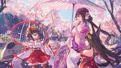  animal_ears anthro azur_lane brown_hair butterfly criin_(659503) flowers horns japanese_clothes kimono long_hair mikasa_(azur_lane) mutsu_(azur_lane) nagato_(azur_lane) thighhighs umbrella yellow_eyes 