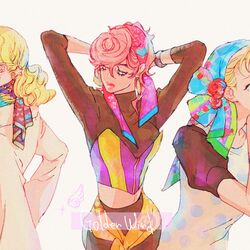  3girls arms_up bandana battle_tendency blonde_hair breasts closed_mouth coat commentary_request copyright_name dress green_eyes highres jojo_no_kimyou_na_bouken kujo_holy kusamura_dai long_hair long_sleeves multiple_girls pink_bandana pink_hair pink_lips polka_dot polka_dot_dress short_hair stardust_crusaders suzi_q trish_una vento_aureo 