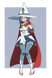  adapted_costume arikindows10 armpits blue_hair blue_thighhighs boots breasts cape cleavage detached_sleeves dress female flying_sweatdrops full_body glasses hat high_heel_boots high_heels highres large_breasts little_witch_academia long_hair looking_at_viewer miniskirt navel pleated_skirt red_cape shiny_chariot skirt skirt_tug solo spoilers standing sweatdrop thighhighs twitter_username ursula_charistes white_dress white_footwear witch_hat zettai_ryouiki 