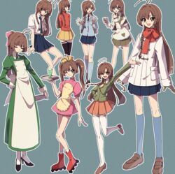  absurdres akizuki_nakuru alternate_costume antenna_hair black_footwear black_legwear blue_legwear blue_skirt braid brown_eyes brown_footwear brown_hair cardcaptor_sakura casual closed_mouth dress female full_body green_dress high_heels highres inline_skates legs long_dress long_hair looking_at_viewer miniskirt multiple_views nzeneee one_eye_closed orange_skirt pleated_skirt roller_skates school_uniform side_braid simple_background skates skirt smile socks thighhighs thighs tomoeda_high_school_uniform waitress white_legwear yellow_skirt 