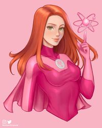  artist_name atom atom_eve breasts cape clayton_richman covered_navel cropped_torso female green_eyes highres index_finger_raised instagram_logo invincible_(series) long_hair looking_at_viewer medium_breasts orange_hair pink_background pink_cape pink_theme shadow simple_background smile solo superhero_costume taut_clothes twitter_logo 