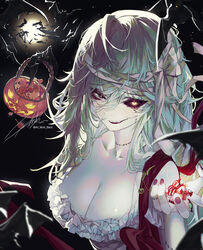  bat_(animal) black_background black_eyes black_sclera breasts candy cleavage colored_sclera colored_skin female food full_moon grey_hair grey_skin hair_between_eyes hair_ribbon halloween_bucket heterochromia highres holding holding_candy holding_food jack-o&#039;-lantern large_breasts long_hair looking_at_viewer mismatched_sclera mont_blanca moon original parted_lips red_nails ribbon shirt solo upper_body white_shirt yellow_eyes 