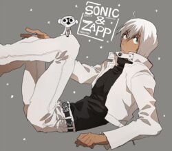  1boy animal belt black_shirt character_name closed_mouth collar dark_skin grey_background hand_on_own_knee housui_(g3hopes) jacket kekkai_sensen looking_up lying male_focus monkey pants shirt solo sonic_(kekkai_sensen) star_(symbol) white_hair white_jacket white_pants zap_renfro 