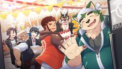  16:9 absurd_res akashi_(live_a_hero) anthro belly black_hair black_pawpads blonde_hair canid canine canis clothing crowne_(live_a_hero) domestic_dog english_text eyewear felid female gesture glasses group hair hi_res hoodie huckle human lifewonders live_a_hero log_seo male mammal mask mokdai muscular muscular_anthro muscular_male overweight pantherine pawpads red_hair ryekie_(live_a_hero) scar sui_(live_a_hero) superhero text tiger topwear waving widescreen 