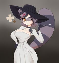  absurd_res animal_humanoid big_breasts breasts cleavage clothed clothing digital_media_(artwork) dress female female_humanoid hand_on_hip hat headgear headwear hi_res humanoid mammal mammal_humanoid mossyartburger procyonid procyonid_humanoid raccoon_humanoid snuffy solo vtuber 