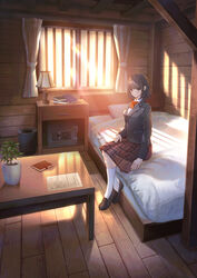  bad_perspective bed black_hair blazer blunt_bangs bob_cut book bow commentary_request curtains expressionless female from_side grey_eyes highres indoors jacket kneehighs light_rays loafers long_sleeves looking_at_viewer nightstand official_art on_bed original paper plaid plaid_skirt plant potted_plant red_bow red_skirt safe_(container) school_uniform shadow shoes shoichi_(ekakijin) short_hair sitting skirt socks solo sunbeam sunlight table trash_can white_socks wide_shot window window_shadow wooden_floor 