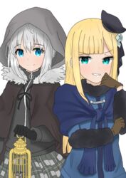  2girls add_(fate) aqua_eyes atsumisu bad_id bad_pixiv_id beret birdcage black_gloves black_headwear black_ribbon blonde_hair blue_dress blue_eyes brown_cape brown_gloves cage cape closed_mouth commentary_request dress fate/grand_order fate_(series) flower fur-trimmed_cape fur-trimmed_sleeves fur_trim gloves gray_(fate) grey_flower grey_hair grey_shirt grey_skirt grin hair_between_eyes hair_flower hair_ornament hat holding hood hood_up long_hair lord_el-melloi_ii_case_files mini_hat multiple_girls plaid plaid_skirt pleated_skirt reines_el-melloi_archisorte ribbon shirt simple_background skirt smile tilted_headwear v-shaped_eyebrows white_background 