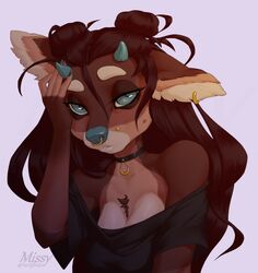  2019 5_fingers anthro blue_eyes blue_nose breasts brown_body brown_fur brown_hair canid canine clothed clothing digital_media_(artwork) ear_piercing ear_ring eyelashes female fingers fur hair hi_res horn looking_at_viewer mammal missy_(artist) off-shoulder_top piercing ring_piercing shaded solo 