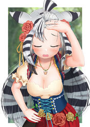  animal_ears arm_up bare_arms black_hair blush bodice border breasts chapman&#039;s_zebra_(kemono_friends) cleavage closed_eyes collarbone commentary cowboy_shot dirndl extra_ears facing_viewer female fingernails flower forehead german_clothes hair_flower hair_lift hair_ornament hand_on_own_forehead hand_on_own_hip holding holding_own_hair jewelry kemono_friends long_hair medium_breasts multicolored_hair official_alternate_costume open_mouth outside_border pendant plunging_neckline puffy_short_sleeves puffy_sleeves romaji_commentary rose short_sleeves sigh solo streaked_hair striped_hair two-tone_hair very_long_hair white_border white_hair yumeumi_sousaku zebra_ears 