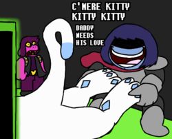  ambiguous_gender anonymous_artist armor clothing deltarune english_text female feral glowing grabbing_both_legs group holding_leg human kris_(deltarune) low_res mammal mischievous_smile monster shocked susie_(deltarune) tasque text undertale_(series) 