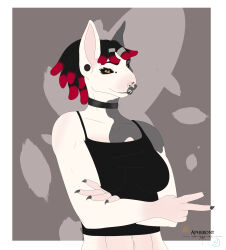  absurd_res anthro apheront black_sclera bull_terrier canid canine canis clothing collar domestic_dog dreadlocks female fur hi_res hunting_dog mammal piercing pink_body pink_skin shirt simple_background smile smiling_at_viewer solo tank_top terrier topwear white_body white_fur 