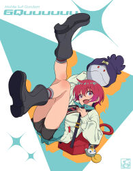  amate_yuzuriha aqua_eyes backpack bag beanie black_panties blue_hat boots commentary_request copyright_name female full_body gundam gundam_gquuuuuux haro hat highres looking_at_viewer necktie open_mouth pairan panties red_hair robot short_hair smile solo sweater underwear 