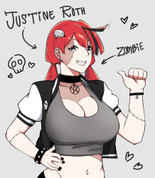  black_nails bracelet breasts hair_ornament hairpin highres jacket jewelry justine_roth large_breasts midriff original patchwork_skin pentagram_necklace red_hair short_sleeves short_twintails spiked_bracelet spikes stitches twintails xcrof zombie 