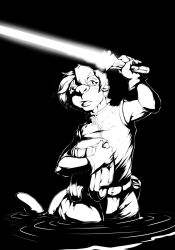  anthro backpack black_and_white black_background clothed_male hair hi_res holding_backpack holding_lightsaber jedi lightsaber male mammal melee_weapon monochrome mustelid otter otter_tail pandottermon partially_submerged simple_background solo star_wars weapon wearing_gloves 