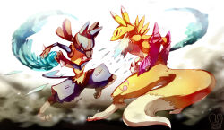  2012 ambiguous_gender anthro armwear aura_sphere bandai_namco black_sclera blue_body blue_eyes blue_fur bridal_gauntlets clothing diamond_storm digimon digimon_(species) duo fight fur generation_4_pokemon looking_at_another lucario nintendo pokemon pokemon_(species) red_eyes renamon sa-dui spikes spikes_(anatomy) tan_body tan_fur tomoe_(symbol) tuft wear white_body white_fur yellow_body yellow_fur 