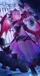  absurdres alternate_costume bare_legs bat_wings black_shorts commentary_request cup drinking_glass female hair_between_eyes hair_ears hair_intakes highres holding holding_cup honkai_(series) honkai_impact_3rd indoors kailu_(kyshiro) legs long_hair long_sleeves navel parted_lips purple_eyes shorts smile solo stomach thelema_nutriscu very_long_hair white_hair wings 