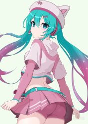  absurdres animal_hat aqua_eyes aqua_hair ass back cat_hat crop_top cropped_sweater diamond_(shape) female fingernails fortnite futatunoniji gradient_hair hat hatsune_miku headset highres logo long_hair long_sleeves looking_at_viewer megaphone multicolored_hair neko_hatsune_miku pink_hair pink_hat pink_shirt pink_shorts pink_skirt pink_sleeves pink_sweater shirt short_sleeves shorts skirt solo sweater twintails very_long_hair vocaloid 