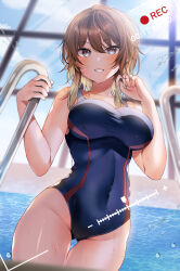  absurdres aketa_mikoto blonde_hair blue_one-piece_swimsuit blush breasts brown_eyes brown_hair collarbone commentary_request commission competition_swimsuit female gradient_hair hands_up highres idolmaster idolmaster_shiny_colors indoors large_breasts long_hair looking_at_viewer multicolored_hair one-piece_swimsuit pool pool_ladder recording skeb_commission solo swimsuit teeth thighs water wet wet_clothes wet_swimsuit yam_(yamap_mako) 