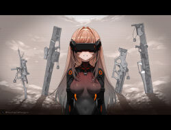  armored_bodysuit assault_rifle black_bodysuit black_border bodysuit border breasts brown_background brown_hair clenched_teeth covered_navel dog_tags english_commentary english_text facing_viewer female goddess_of_victory:_nikke grave gun hair_intakes head-mounted_display letterboxed long_hair machine_gun medium_breasts numbered orange_trim partially_colored rapi_(mass_produced)_(nikke) rapi_(nikke) rapture_(nikke) red_ringo rifle sad science_fiction scope sniper_rifle solo static stick submachine_gun teeth twitter_logo twitter_username upper_body weapon weapon_request 