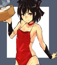  apron bamboo_steamer baozi black_eyes black_hair bob_cut breasts choker female food groin medium_breasts naked_apron napata original short_hair sideboob solo vambraces 