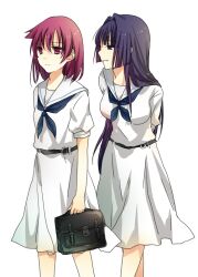  2girls arms_behind_back bad_id bad_pixiv_id bag black_hair handbag hirose_sumire long_hair miyanaga_teru multiple_girls open_mouth red_eyes red_hair saki_(manga) sao_(0060) school_uniform serafuku short_hair simple_background very_long_hair white_background 