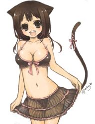  animal_ears bad_id bad_pixiv_id bikini black_bikini blush breasts brown_eyes brown_hair cat_ears cat_tail cleavage collarbone female front-tie_top medium_breasts miyamae_porin navel open_mouth original ribbon see-through short_hair signature simple_background skirt smile solo swimsuit tail tail_ornament tail_ribbon 