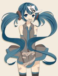  aqua_eyes aqua_hair ayu_(mog) bad_id bad_pixiv_id bound detached_sleeves female gag gagged hatsune_miku improvised_gag long_hair necktie simple_background skirt sleeves_past_wrists solo tape tape_bondage tape_gag thighhighs twintails very_long_hair vocaloid 