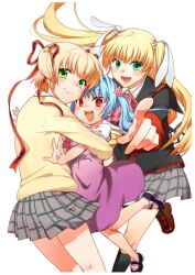  3girls :d blonde_hair blue_hair closed_mouth commentary_request floating_hair foreshortening green_eyes happy kamikita_komari little_busters! little_busters!_school_uniform long_hair looking_at_viewer misaki_juri multiple_girls no_socks open_mouth original photoshop_(medium) red_eyes school_uniform short_hair smile standing tokido_saya twintails two_side_up very_long_hair 