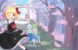  4girls :&gt; ascot asymmetrical_hair bad_id bad_pixiv_id black_hair blonde_hair blue_eyes blue_hair bow broom cherry_blossoms cirno daiyousei eluthel frog green_eyes green_hair hairbow hakurei_reimu ice looking_at_viewer mary_janes multiple_girls oerba_yun_fang one_eye_closed open_mouth outdoors outstretched_arms photoshop_(medium) red_eyes rumia shoes side_ponytail sitting smile spread_arms stairs torii touhou v_arms wings 