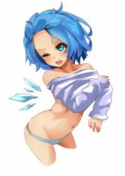  bad_id bad_pixiv_id blue_eyes blue_hair blush cirno collarbone cropped_legs female forehead messy_hair navel one_eye_closed open_mouth panties short_hair solo striped_clothes striped_panties touhou underwear undressing wings yoo_(tabi_no_shiori) 