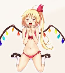  ahoge bikini blonde_hair blue_door blush commentary_request female flandre_scarlet hair_ribbon hand_to_own_mouth mary_janes navel no_headwear oerba_yun_fang open_mouth photoshop_(medium) red_bikini red_eyes ribbon shoes side-tie_bikini_bottom side_ponytail sitting socks solo swimsuit tears touhou wariza white_socks wings 