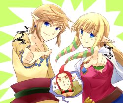  2boys blonde_hair blue_eyes bracelet commentary_request earrings female groose jewelry kaidou_mitsuki link long_hair multiple_boys pointing pointy_ears princess_zelda red_hair smile the_legend_of_zelda the_legend_of_zelda:_skyward_sword yellow_eyes 