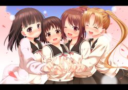  4girls black_hair blonde_hair blush brown_eyes brown_hair cardigan closed_eyes commentary_request hanawa_kaoru letterboxed long_hair multiple_girls nukunuku_(hinataboltuko) okazaki_norie one_eye_closed open_mouth photoshop_(medium) ponytail sakurada_maon sawatari_fuu school_uniform serafuku short_hair skirt smile sweater tamayura twintails v 