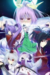  5girls animal_ears black_hair black_hairband blue_eyes bow bow_hairband commentary_request crescent_moon detached_sleeves fate/stay_night fate_(series) floating_hair flower green_skirt green_vest grey_hair hair_ribbon hairband hairbow hat high_ponytail holding holding_sheath holding_sword holding_weapon horns inubashiri_momiji japanese_clothes kataginu katana kimono konngara_(touhou) konpaku_youmu long_hair long_skirt looking_at_viewer looking_back looking_to_the_side mary_janes matsuki_akira medium_hair meira_(touhou) moon multiple_girls parody petals pink_flower ponytail puffy_short_sleeves puffy_sleeves purple_hair red_eyes red_headwear red_horns red_kimono red_ribbon ribbon sasaki_kojirou_(fate) serious sheath shield shirt shoes short_hair short_sleeves sidelocks single_horn skirt squinting sword tail tokin_hat touhou touhou_(pc-98) trait_connection unsheathing v-shaped_eyebrows vest watatsuki_no_yorihime weapon white_shirt wolf_ears wolf_tail yellow_ribbon 