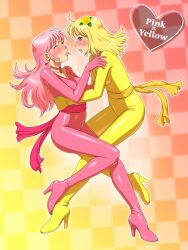  2girls blonde_hair blue_eyes blush bodysuit choker closed_eyes commentary_request earrings fukusuke_hachi-gou high_heels highres imminent_kiss jewelry long_hair multiple_girls original pink_bodysuit pink_hair pink_theme shoes skin_tight yellow_bodysuit yellow_theme yuri 