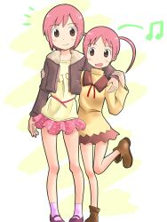  2girls ^^^ bad_id bad_pixiv_id boots brown_eyes highres jacket leg_up long_sleeves mary_janes multiple_girls musical_note nichijou pink_hair shirt shoes short_hair shuuji_(shumi) siblings simple_background sisters skirt socks standing t-shirt tachibana_mihoshi tachibana_misato twintails 