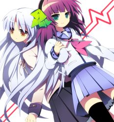  2girls angel_beats! beret black_legwear blue_sailor_collar blue_skirt commentary_request green_eyes hair_ribbon hairband hat long_hair multiple_girls nakamura_yuri neckerchief photoshop_(medium) pleated_skirt purple_hair ribbon sailor_collar school_uniform serafuku shinda_sekai_sensen_uniform shirt short_hair skirt smile soranagi tachibana_kanade thighhighs unworn_hat unworn_headwear white_hair white_shirt yellow_eyes 