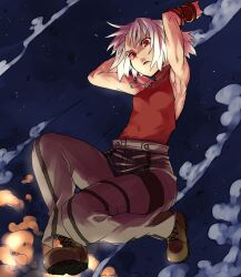  428:_fuusa_sareta_shibuya_de armpits arms_up bad_id bad_pixiv_id blonde_hair boots canaan_(character) canaan_(series) dark-skinned_female dark_skin female highres hinomoto_madoka jewelry jumping necklace night night_sky red_eyes short_hair sky sleeveless sleeveless_turtleneck solo turtleneck 