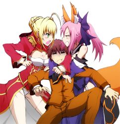  1boy 2girls :t =_= ahoge animal_ears blonde_hair blush breasts brown_eyes brown_hair cleavage commentary_request dress epaulettes fate/extra fate_(series) fox_girl green_eyes grin hair_ribbon kishinami_hakuno_(male) medium_breasts multiple_girls nero_claudius_(fate) nero_claudius_(fate/extra) ookami_maito panties photoshop_(medium) pink_hair ribbon school_uniform see-through short_hair smile tail tamamo_(fate) tamamo_no_mae_(fate/extra) tsukumihara_academy_uniform_(fate/extra) underwear 